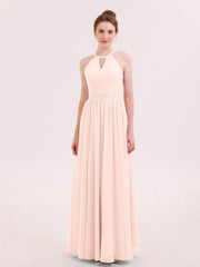 Abito Lungo da Damigella in Chiffon Scollo all'Americana Rosa Perlato