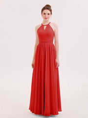 Abito Lungo da Damigella in Chiffon Scollo all'Americana Rosso