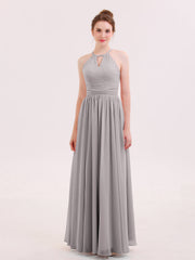Abito Lungo da Damigella in Chiffon Scollo all'Americana Argento