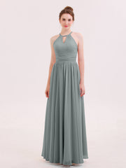 Abito Lungo da Damigella in Chiffon Scollo all'Americana Grigio Acciaio