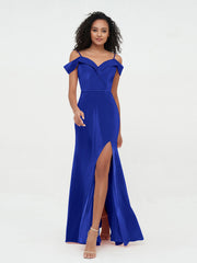 Abiti lunghi in velluto con spalle scoperte e spacco Blu Royal