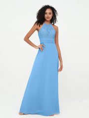 Abito con Top in Pizzo Gonna in Chiffon e Schiena Scoperta Blu
