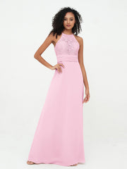 Abito con Top in Pizzo Gonna in Chiffon e Schiena Scoperta Rosa Bonbon