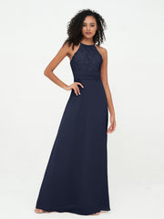 Abito con Top in Pizzo Gonna in Chiffon e Schiena Scoperta Blu Scuro
