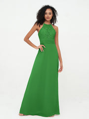 Abito con Top in Pizzo Gonna in Chiffon e Schiena Scoperta Verde