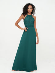 Abito con Top in Pizzo Gonna in Chiffon e Schiena Scoperta Pavone