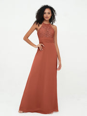 Abito con Top in Pizzo Gonna in Chiffon e Schiena Scoperta Ruggine