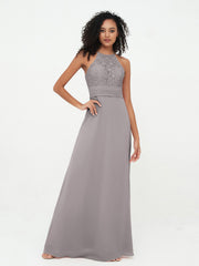 Abito con Top in Pizzo Gonna in Chiffon e Schiena Scoperta Argento