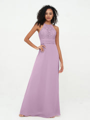Abito con Top in Pizzo Gonna in Chiffon e Schiena Scoperta Glicine
