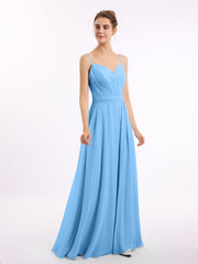 Abito in Chiffon con Spalline Sottili e Scollo a Cuore Blu