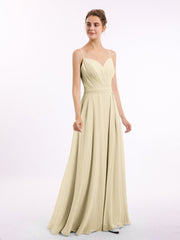 Abito in Chiffon con Spalline Sottili e Scollo a Cuore Champagne