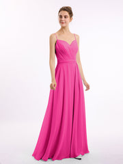 Abito in Chiffon con Spalline Sottili e Scollo a Cuore Fucsia