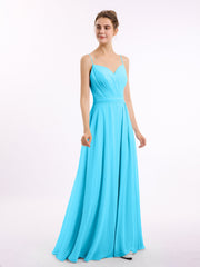 Abito in Chiffon con Spalline Sottili e Scollo a Cuore Blu Piscina