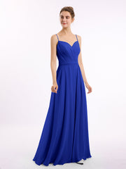 Abito in Chiffon con Spalline Sottili e Scollo a Cuore Blu Royal