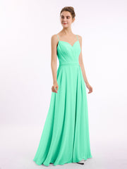 Abito in Chiffon con Spalline Sottili e Scollo a Cuore Turchese