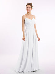 Abito in Chiffon con Spalline Sottili e Scollo a Cuore Bianco