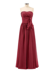 Abito da Damigella Lungo in Chiffon Senza Spalline Borgogna