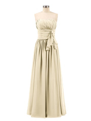 Abito da Damigella Lungo in Chiffon Senza Spalline Champagne
