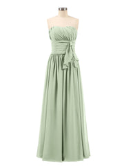 Abito da Damigella Lungo in Chiffon Senza Spalline Salvia Polvere