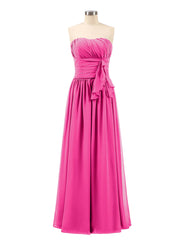 Abito da Damigella Lungo in Chiffon Senza Spalline Fucsia