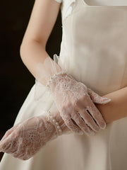 Guanti Corti Romantici In Pizzo Trasparente Con Perle