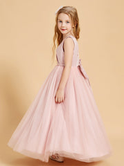 Abiti Damigella Junior In Tulle Top In Raso Fiocco Glamour Rosa Polvere