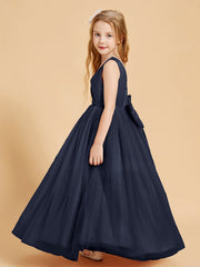 Abiti Damigella Junior In Tulle Top In Raso Fiocco Glamour Blu Scuro