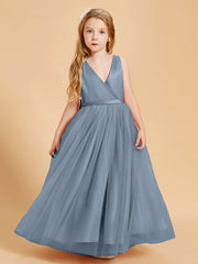 Abiti Damigella Junior In Tulle Top In Raso Fiocco Glamour Azzurro Polvere