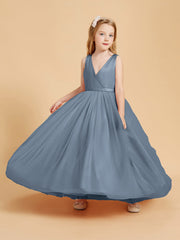 Abiti Damigella Junior In Tulle Top In Raso Fiocco Glamour Azzurro Polvere