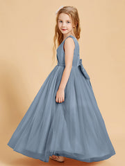 Abiti Damigella Junior In Tulle Top In Raso Fiocco Glamour Azzurro Polvere