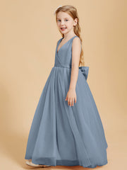 Abiti Damigella Junior In Tulle Top In Raso Fiocco Glamour Azzurro Polvere