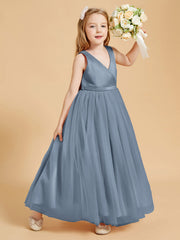 Abiti Damigella Junior In Tulle Top In Raso Fiocco Glamour Azzurro Polvere