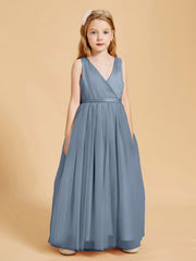 Abiti Damigella Junior In Tulle Top In Raso Fiocco Glamour Azzurro Polvere