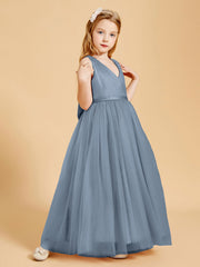 Abiti Damigella Junior In Tulle Top In Raso Fiocco Glamour Azzurro Polvere