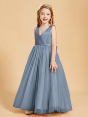Abiti Damigella Junior In Tulle Top In Raso Fiocco Glamour Azzurro Polvere