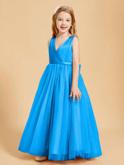 Abiti Damigella Junior In Tulle Top In Raso Fiocco Glamour Blu Oceano