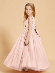 Abiti Damigella Junior In Tulle Top In Raso Fiocco Glamour Rosa Perlato