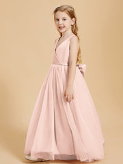 Abiti Damigella Junior In Tulle Top In Raso Fiocco Glamour Rosa Perlato