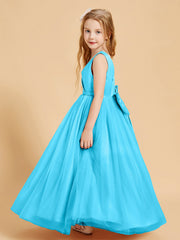 Abiti Damigella Junior In Tulle Top In Raso Fiocco Glamour Blu Piscina
