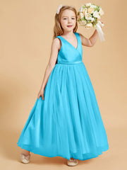Abiti Damigella Junior In Tulle Top In Raso Fiocco Glamour Blu Piscina
