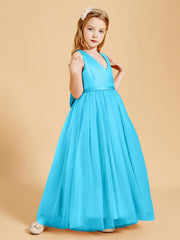 Abiti Damigella Junior In Tulle Top In Raso Fiocco Glamour Blu Piscina