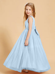 Abiti Damigella Junior In Tulle Top In Raso Fiocco Glamour Blu Cielo