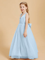 Abiti Damigella Junior In Tulle Top In Raso Fiocco Glamour Blu Cielo