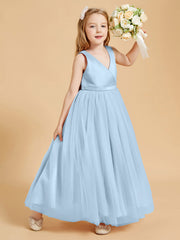 Abiti Damigella Junior In Tulle Top In Raso Fiocco Glamour Blu Cielo