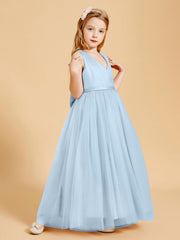 Abiti Damigella Junior In Tulle Top In Raso Fiocco Glamour Blu Cielo