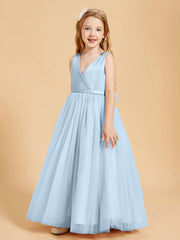 Abiti Damigella Junior In Tulle Top In Raso Fiocco Glamour Blu Cielo
