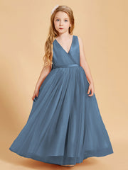 Abiti Damigella Junior In Tulle Top In Raso Fiocco Glamour Blu Ardesia