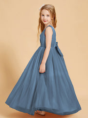 Abiti Damigella Junior In Tulle Top In Raso Fiocco Glamour Blu Ardesia