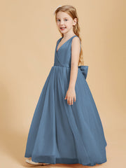 Abiti Damigella Junior In Tulle Top In Raso Fiocco Glamour Blu Ardesia