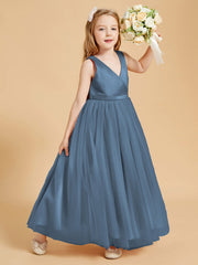 Abiti Damigella Junior In Tulle Top In Raso Fiocco Glamour Blu Ardesia
